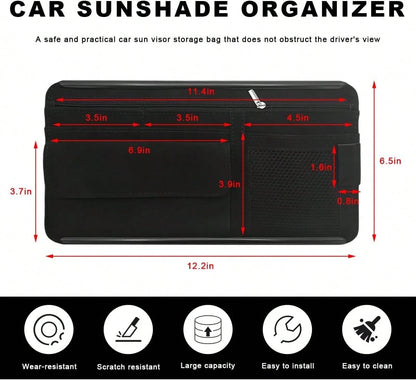 YTFRL Car Sun Visor Organizer, Soft Leather Vehicle Sunshade Glasses Storage Bag With Net Zipper, Automotive Multi-Pocket Organizer For Drive License Card Glasses Document (Black)