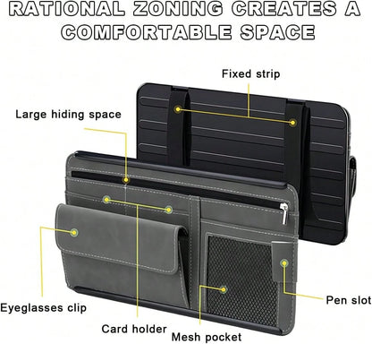 YTFRL Car Sun Visor Organizer, Soft Leather Vehicle Sunshade Glasses Storage Bag With Net Zipper, Automotive Multi-Pocket Organizer For Drive License Card Glasses Document (Black)