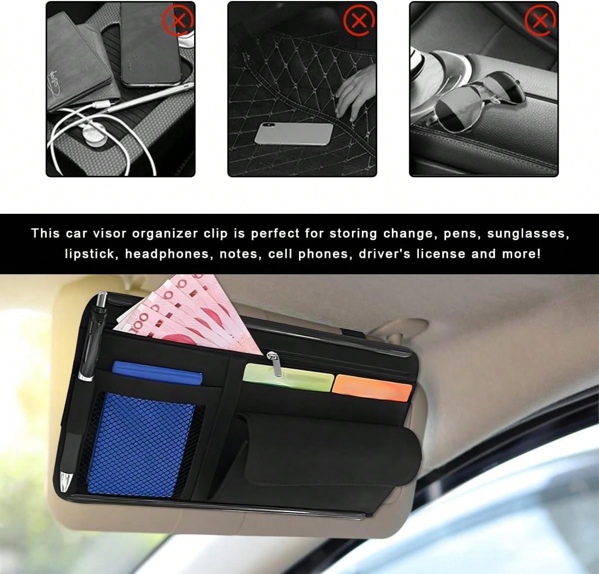 YTFRL Car Sun Visor Organizer, Soft Leather Vehicle Sunshade Glasses Storage Bag With Net Zipper, Automotive Multi-Pocket Organizer For Drive License Card Glasses Document (Black)