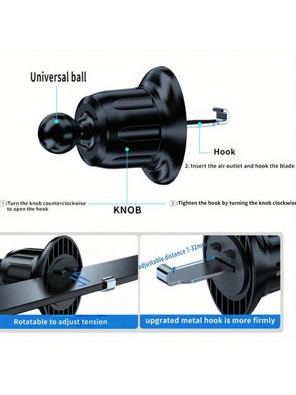 YWOR Car Phone Holder- Universal Hands-Free Air Vent Mount With Newest Metal Hook Clip, And All Smartphones, Dark Black