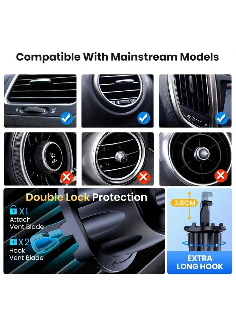 YWOR Car Phone Holder- Universal Hands-Free Air Vent Mount With Newest Metal Hook Clip, And All Smartphones, Dark Black