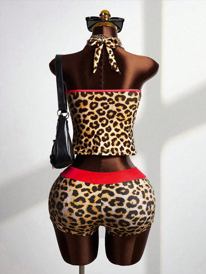 Zestiva Women's Beige Leopard Print 2 Pieces Swimwear Set, Halter Tankini Top With Fitted Hipster Bottoms,Casual Summer Beach Vacation Outfit