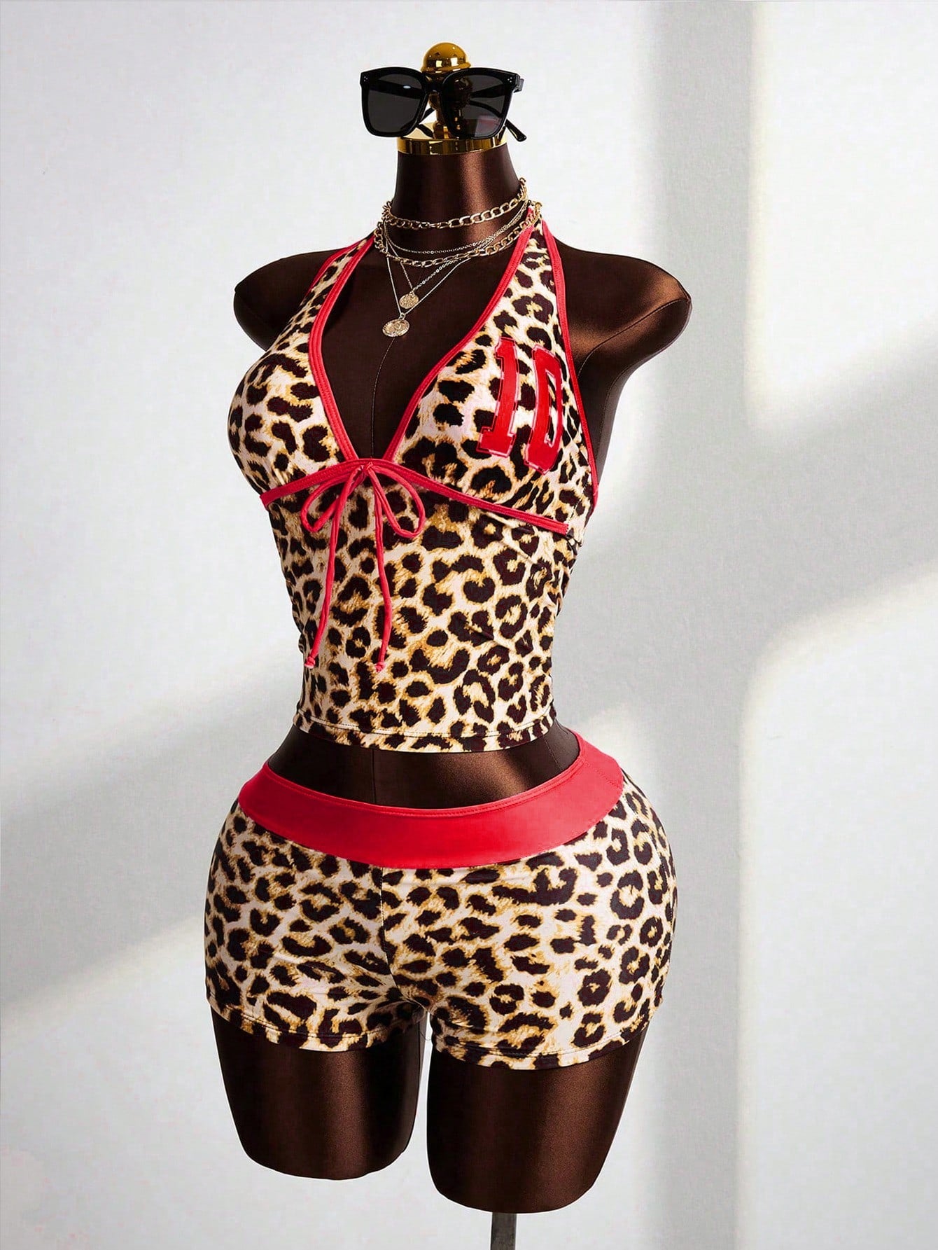 Zestiva Women's Beige Leopard Print 2 Pieces Swimwear Set, Halter Tankini Top With Fitted Hipster Bottoms,Casual Summer Beach Vacation Outfit