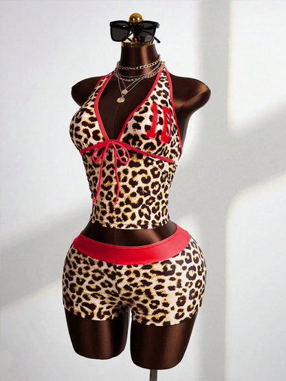 Zestiva Women's Beige Leopard Print 2 Pieces Swimwear Set, Halter Tankini Top With Fitted Hipster Bottoms,Casual Summer Beach Vacation Outfit