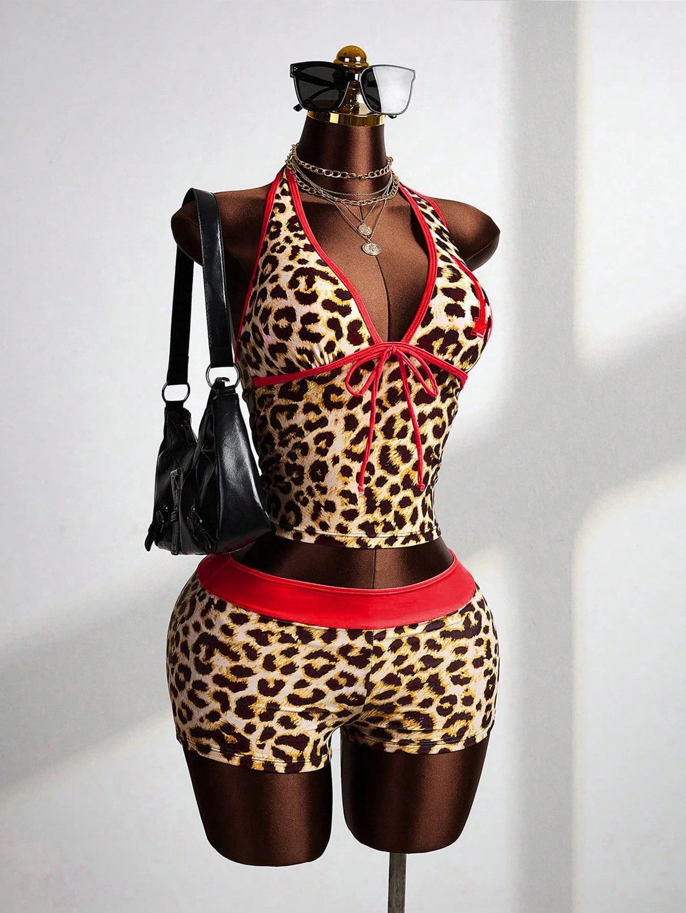 Zestiva Women's Beige Leopard Print 2 Pieces Swimwear Set, Halter Tankini Top With Fitted Hipster Bottoms,Casual Summer Beach Vacation Outfit