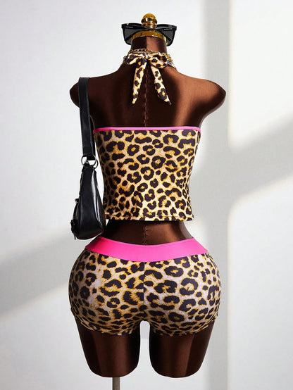 Zestiva Women's Beige Leopard Print 2 Pieces Swimwear Set, Halter Tankini Top With Fitted Hipster Bottoms,Casual Summer Beach Vacation Outfit