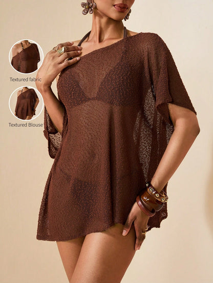 Zivah Bohemian Short-Sleeved Knit Openwork Beach Top/Cover-Up,Chocolate Brown,Summer,Casual,Beach,Vacation,Holiday Elegant Music Festival Cruise Wear