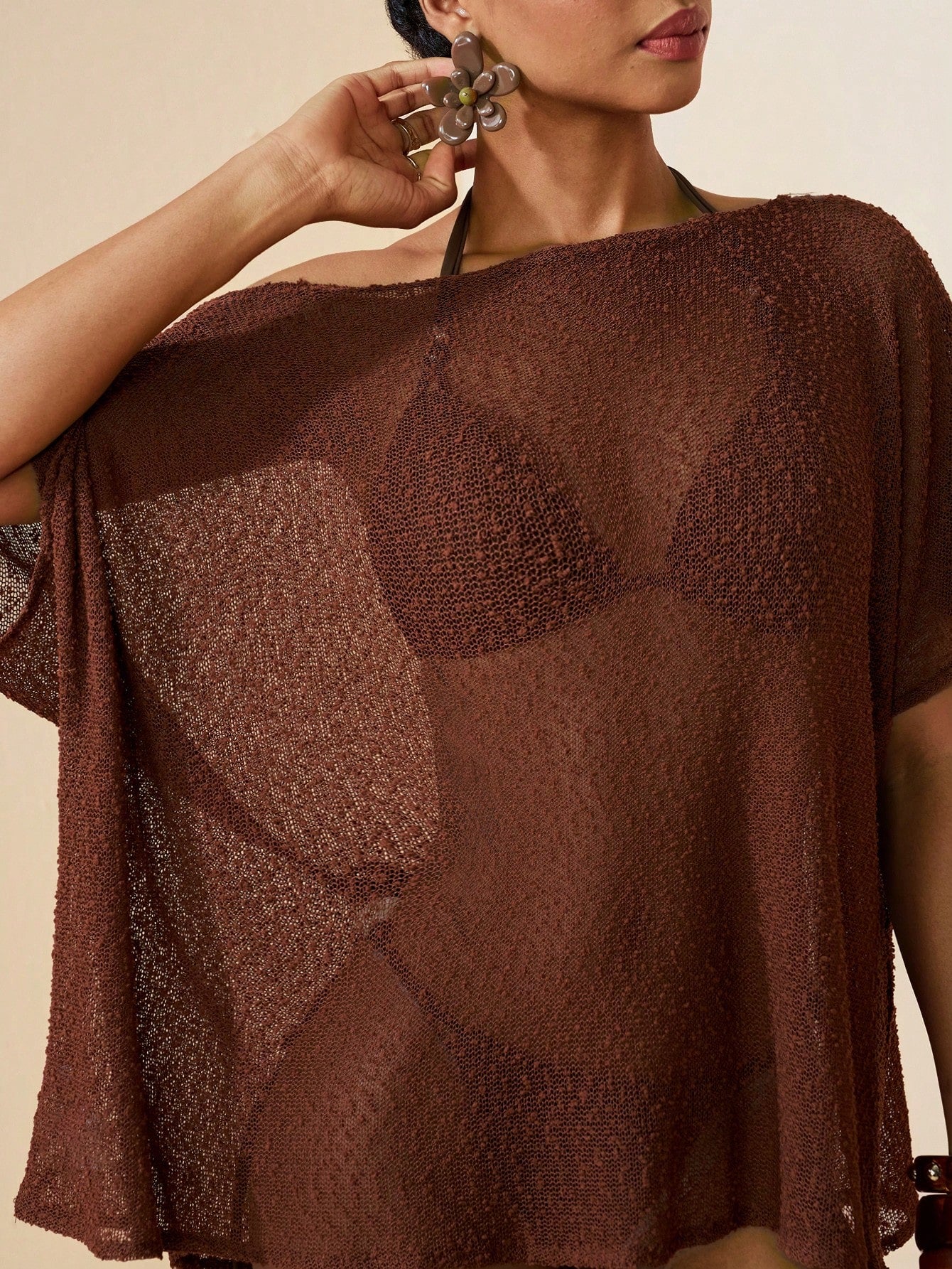 Zivah Bohemian Short-Sleeved Knit Openwork Beach Top/Cover-Up,Chocolate Brown,Summer,Casual,Beach,Vacation,Holiday Elegant Music Festival Cruise Wear
