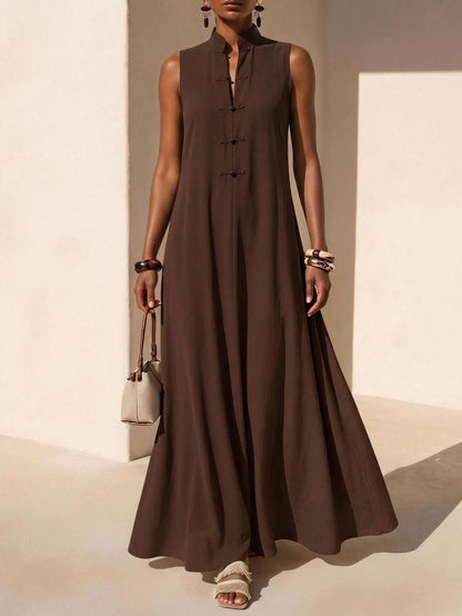 Zivah New Summer Casual Minimalist Elegant Vacation Commuterloose-Fitting Dark Brown Solid Color Blouse Single-Button Collar Women Long Dress, Suitable For