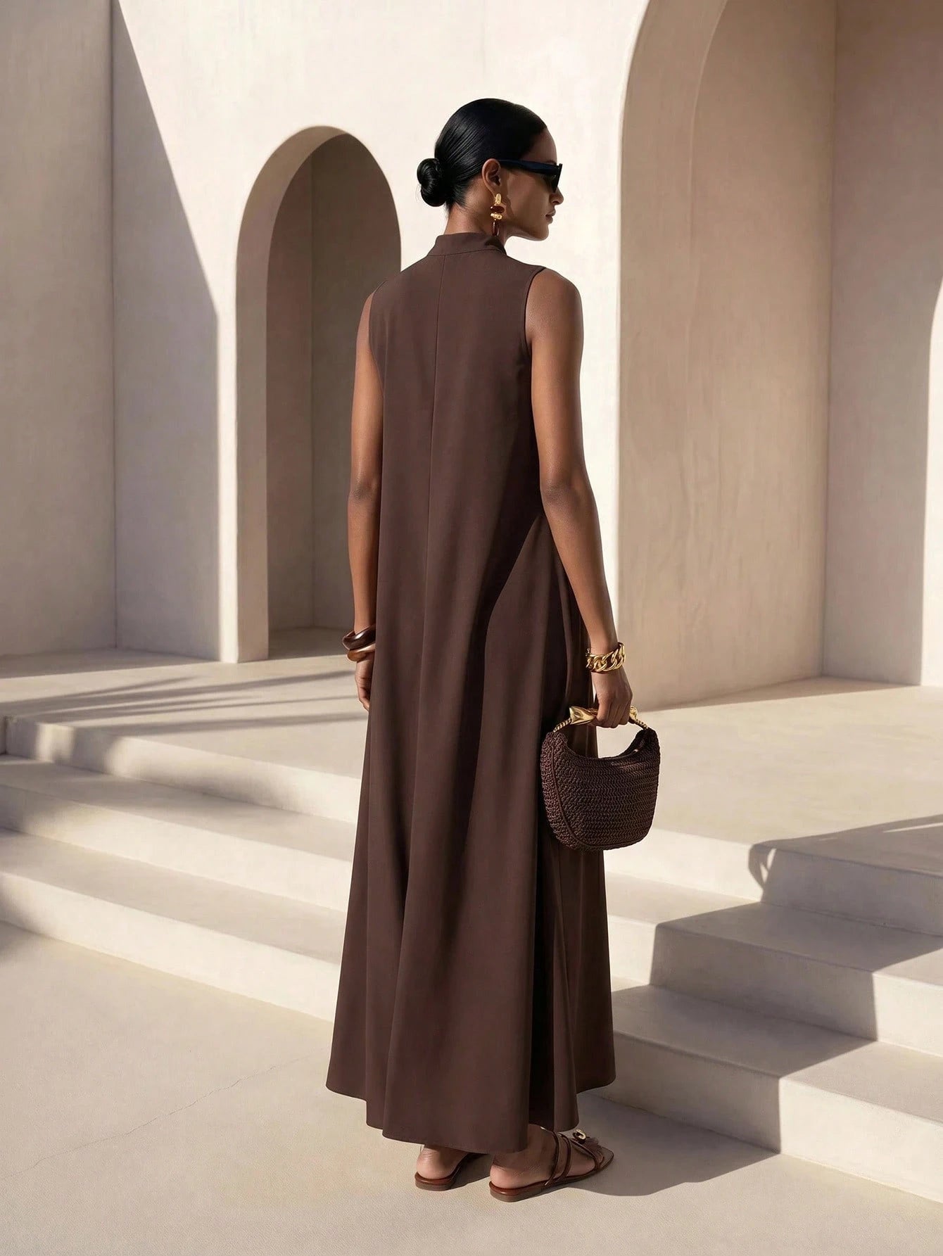 Zivah New Summer Casual Minimalist Elegant Vacation Commuterloose-Fitting Dark Brown Solid Color Blouse Single-Button Collar Women Long Dress, Suitable For