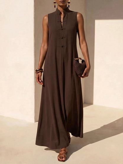 Zivah New Summer Casual Minimalist Elegant Vacation Commuterloose-Fitting Dark Brown Solid Color Blouse Single-Button Collar Women Long Dress, Suitable For