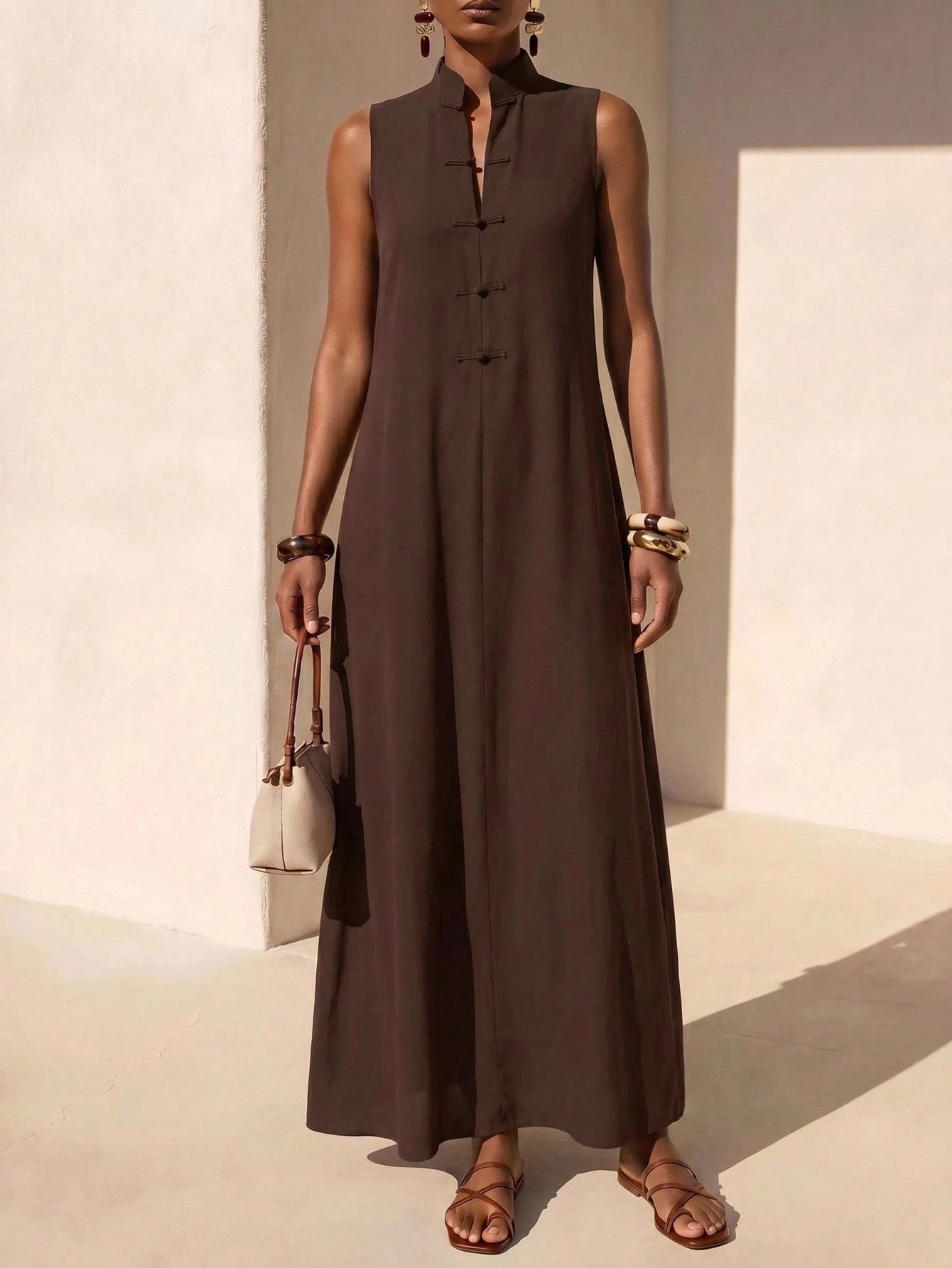 Zivah New Summer Casual Minimalist Elegant Vacation Commuterloose-Fitting Dark Brown Solid Color Blouse Single-Button Collar Women Long Dress, Suitable For