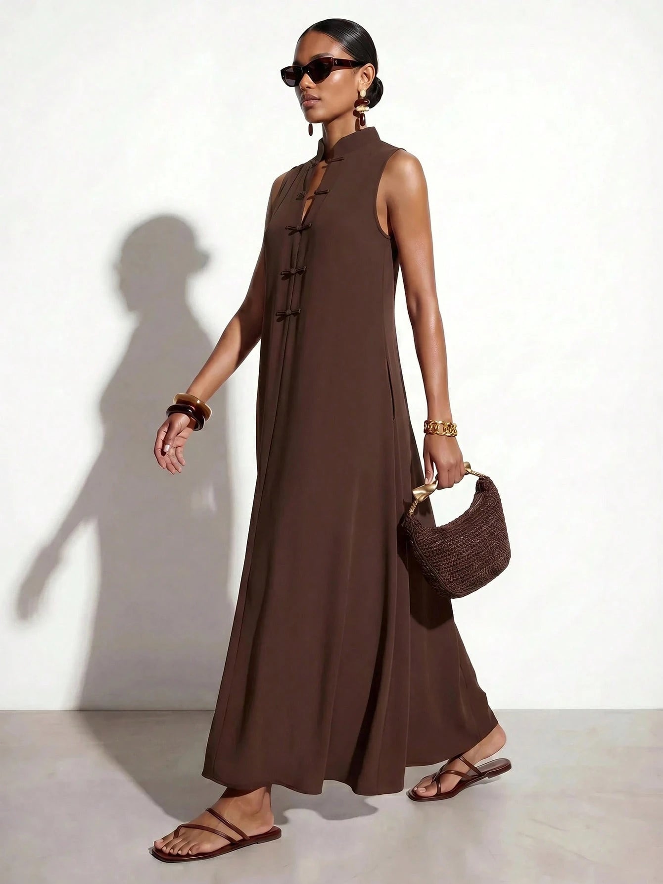 Zivah New Summer Casual Minimalist Elegant Vacation Commuterloose-Fitting Dark Brown Solid Color Blouse Single-Button Collar Women Long Dress, Suitable For