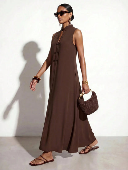 Zivah New Summer Casual Minimalist Elegant Vacation Commuterloose-Fitting Dark Brown Solid Color Blouse Single-Button Collar Women Long Dress, Suitable For