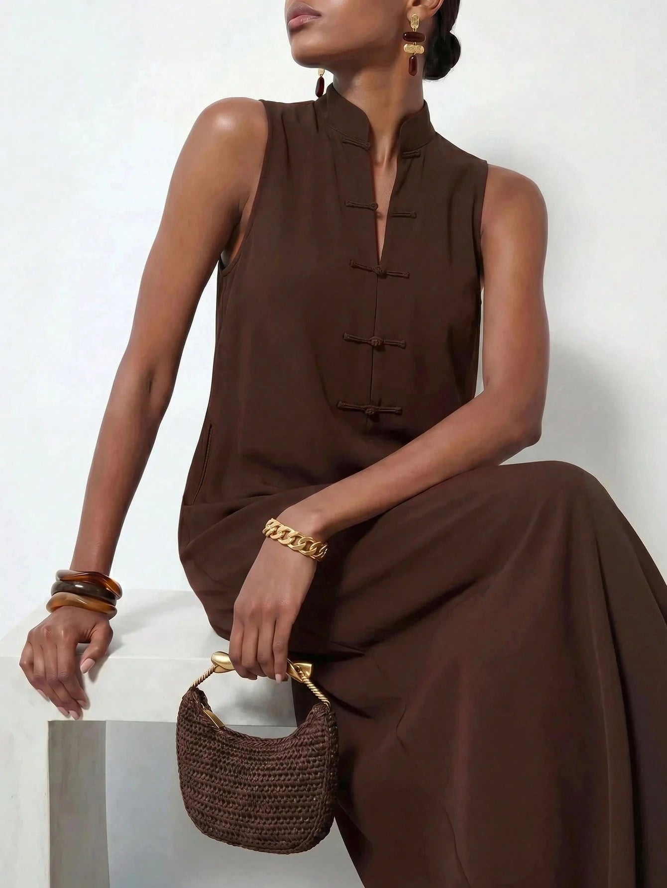 Zivah New Summer Casual Minimalist Elegant Vacation Commuterloose-Fitting Dark Brown Solid Color Blouse Single-Button Collar Women Long Dress, Suitable For