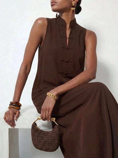 Zivah New Summer Casual Minimalist Elegant Vacation Commuterloose-Fitting Dark Brown Solid Color Blouse Single-Button Collar Women Long Dress, Suitable For