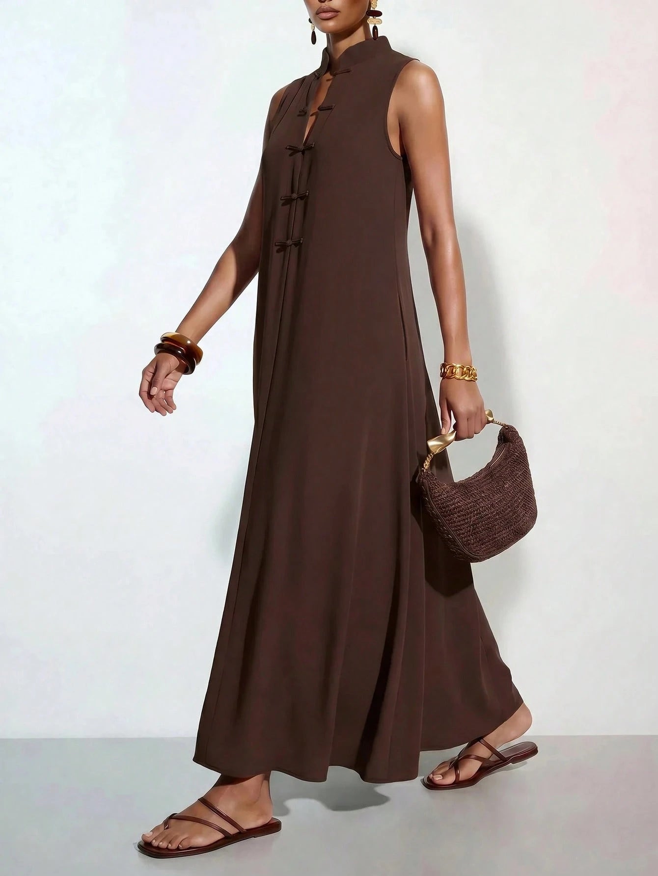 Zivah New Summer Casual Minimalist Elegant Vacation Commuterloose-Fitting Dark Brown Solid Color Blouse Single-Button Collar Women Long Dress, Suitable For
