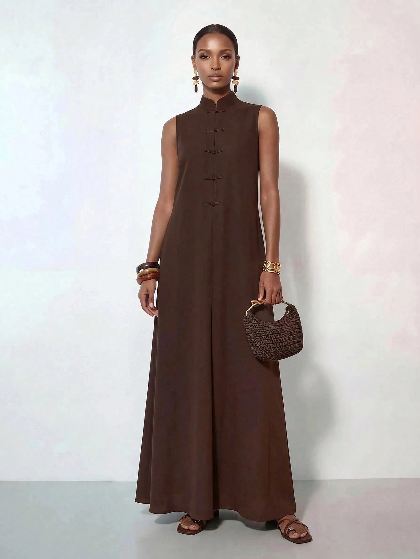 Zivah New Summer Casual Minimalist Elegant Vacation Commuterloose-Fitting Dark Brown Solid Color Blouse Single-Button Collar Women Long Dress, Suitable For