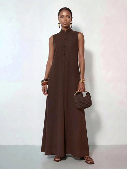 Zivah New Summer Casual Minimalist Elegant Vacation Commuterloose-Fitting Dark Brown Solid Color Blouse Single-Button Collar Women Long Dress, Suitable For
