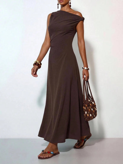 Zivah New Summer Casual Vacation Commute Brown Linen Fabric One-Shoulder Pleated A-Line Maxi Dress, Suitable For Daily Wear, Vacation, Music Festival, Travel, Beach, Party, Airport Outfit, Brunch Outf