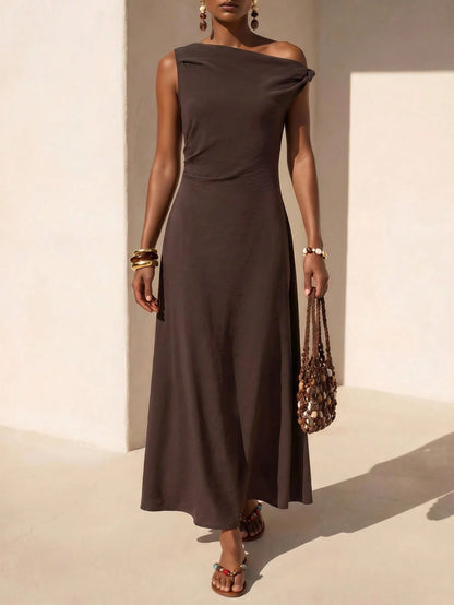 Zivah New Summer Casual Vacation Commute Brown Linen Fabric One-Shoulder Pleated A-Line Maxi Dress, Suitable For Daily Wear, Vacation, Music Festival, Travel, Beach, Party, Airport Outfit, Brunch Outf