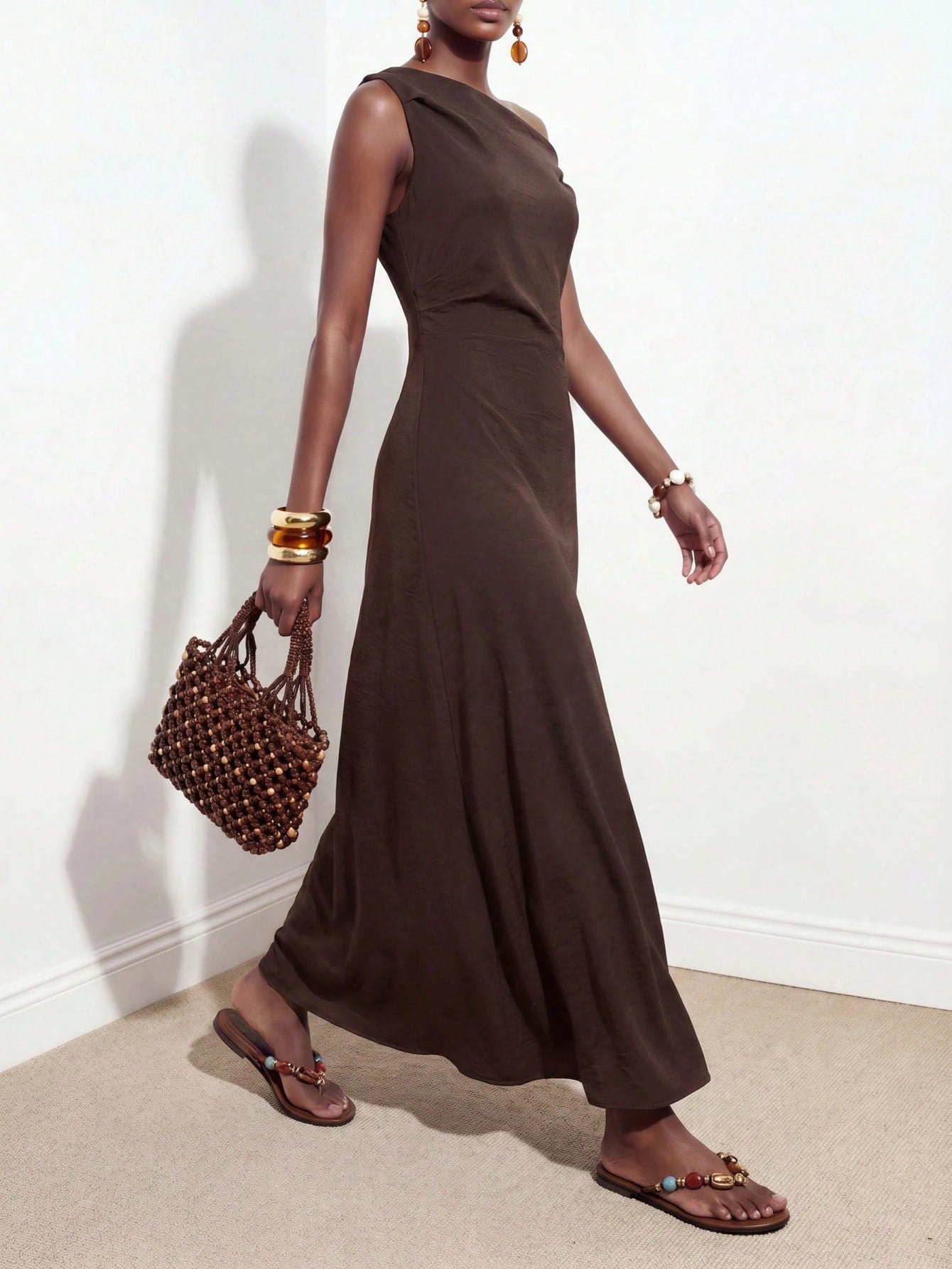 Zivah New Summer Casual Vacation Commute Brown Linen Fabric One-Shoulder Pleated A-Line Maxi Dress, Suitable For Daily Wear, Vacation, Music Festival, Travel, Beach, Party, Airport Outfit, Brunch Outf