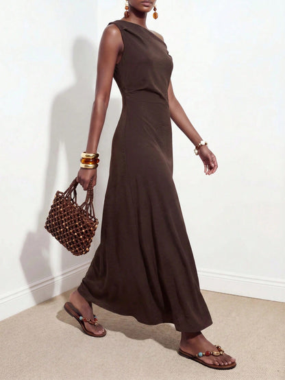 Zivah New Summer Casual Vacation Commute Brown Linen Fabric One-Shoulder Pleated A-Line Maxi Dress, Suitable For Daily Wear, Vacation, Music Festival, Travel, Beach, Party, Airport Outfit, Brunch Outf