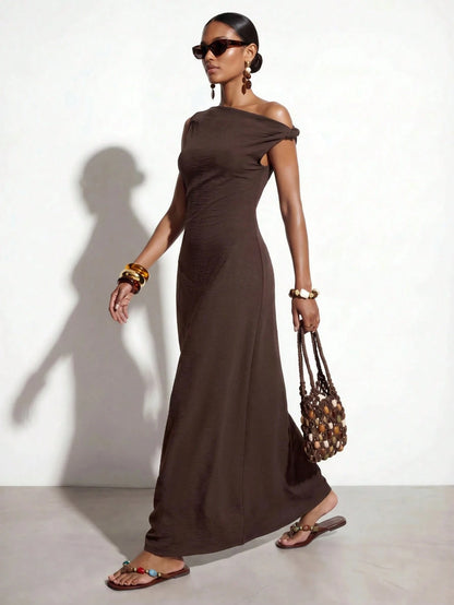 Zivah New Summer Casual Vacation Commute Brown Linen Fabric One-Shoulder Pleated A-Line Maxi Dress, Suitable For Daily Wear, Vacation, Music Festival, Travel, Beach, Party, Airport Outfit, Brunch Outf