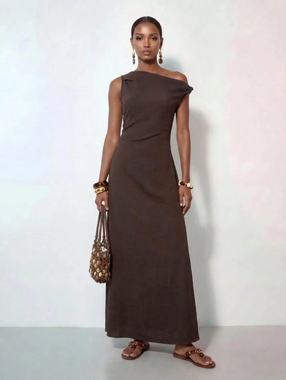 Zivah New Summer Casual Vacation Commute Brown Linen Fabric One-Shoulder Pleated A-Line Maxi Dress, Suitable For Daily Wear, Vacation, Music Festival, Travel, Beach, Party, Airport Outfit, Brunch Outf