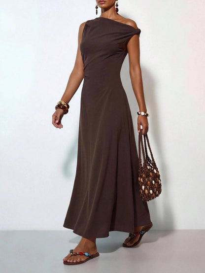 Zivah New Summer Casual Vacation Commute Brown Linen Fabric One-Shoulder Pleated A-Line Maxi Dress, Suitable For Daily Wear, Vacation, Music Festival, Travel, Beach, Party, Airport Outfit, Brunch Outf