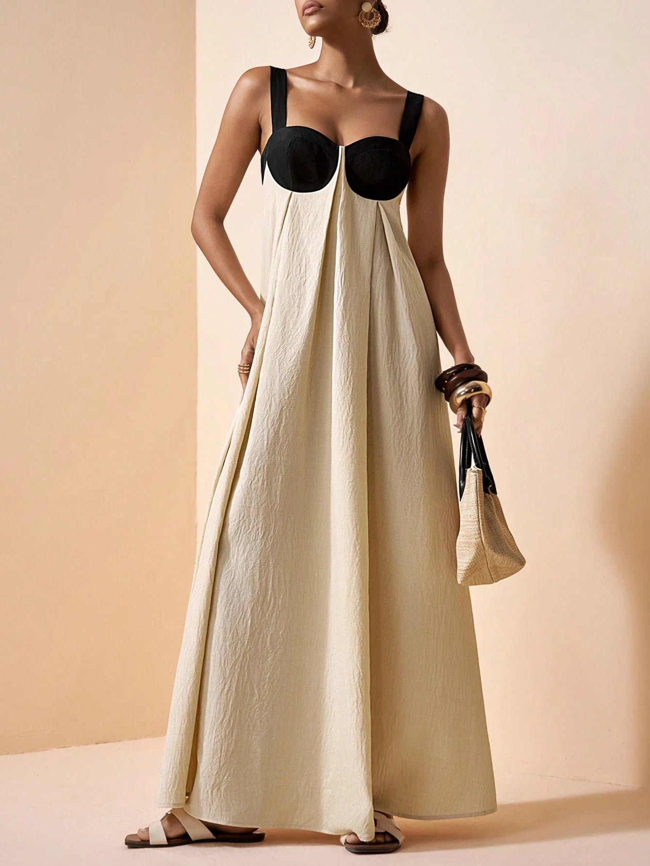 Zivah Summer Elegant Minimalist Black And Silver Holiday Vacation Dress, Women's Backless Spaghetti Strap Pleated Waist Loose Evening Brunch Party Wedding