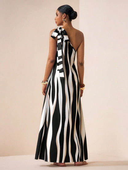 Zivah Women's Black And White Striped One-Shoulder Tie Strap Asymmetric Sleeveless Wavy Stripe Print Loose A-Line Maxi Dress,Summer Casual Beach Vacation