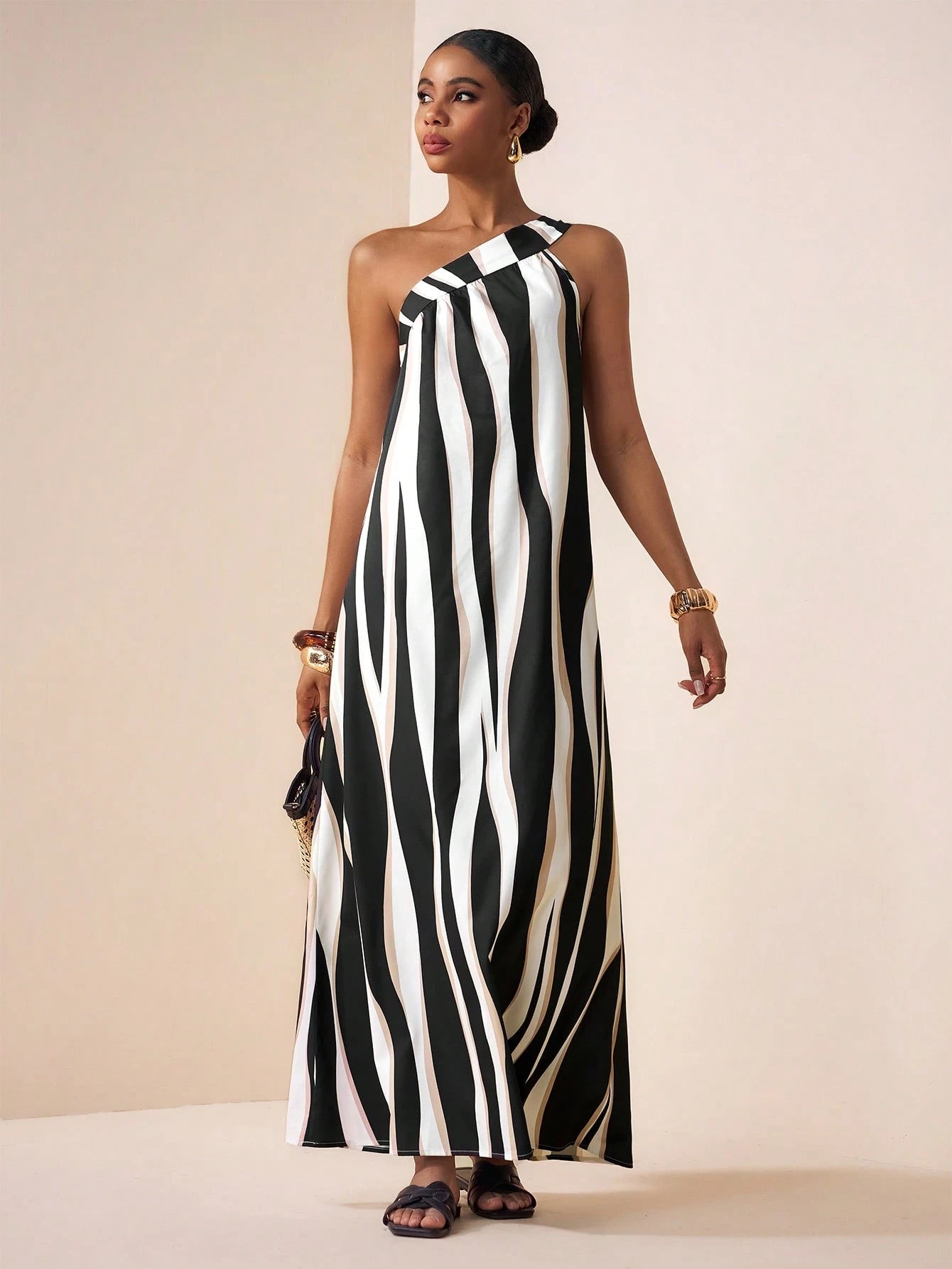 Zivah Women's Black And White Striped One-Shoulder Tie Strap Asymmetric Sleeveless Wavy Stripe Print Loose A-Line Maxi Dress,Summer Casual Beach Vacation