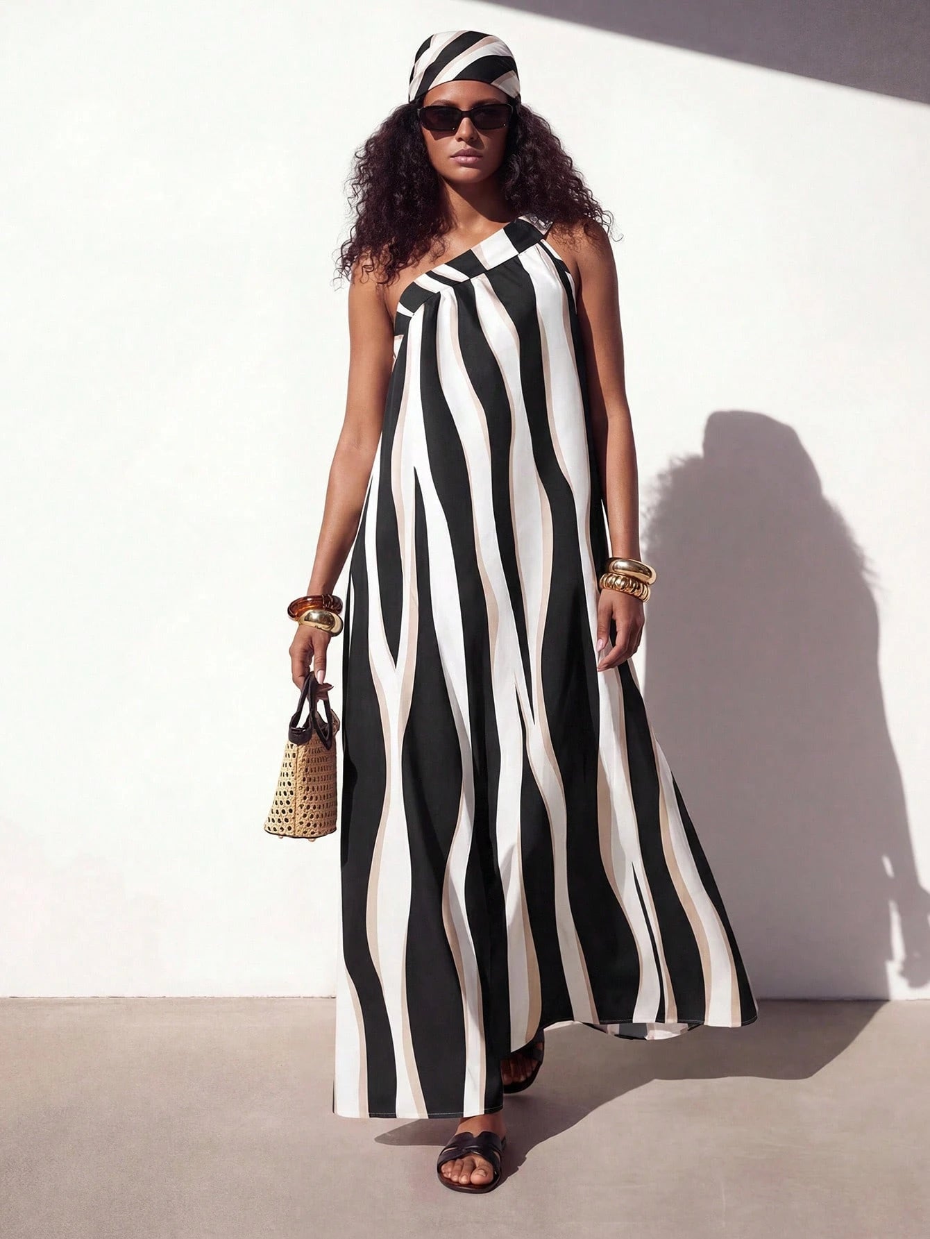 Zivah Women's Black And White Striped One-Shoulder Tie Strap Asymmetric Sleeveless Wavy Stripe Print Loose A-Line Maxi Dress,Summer Casual Beach Vacation
