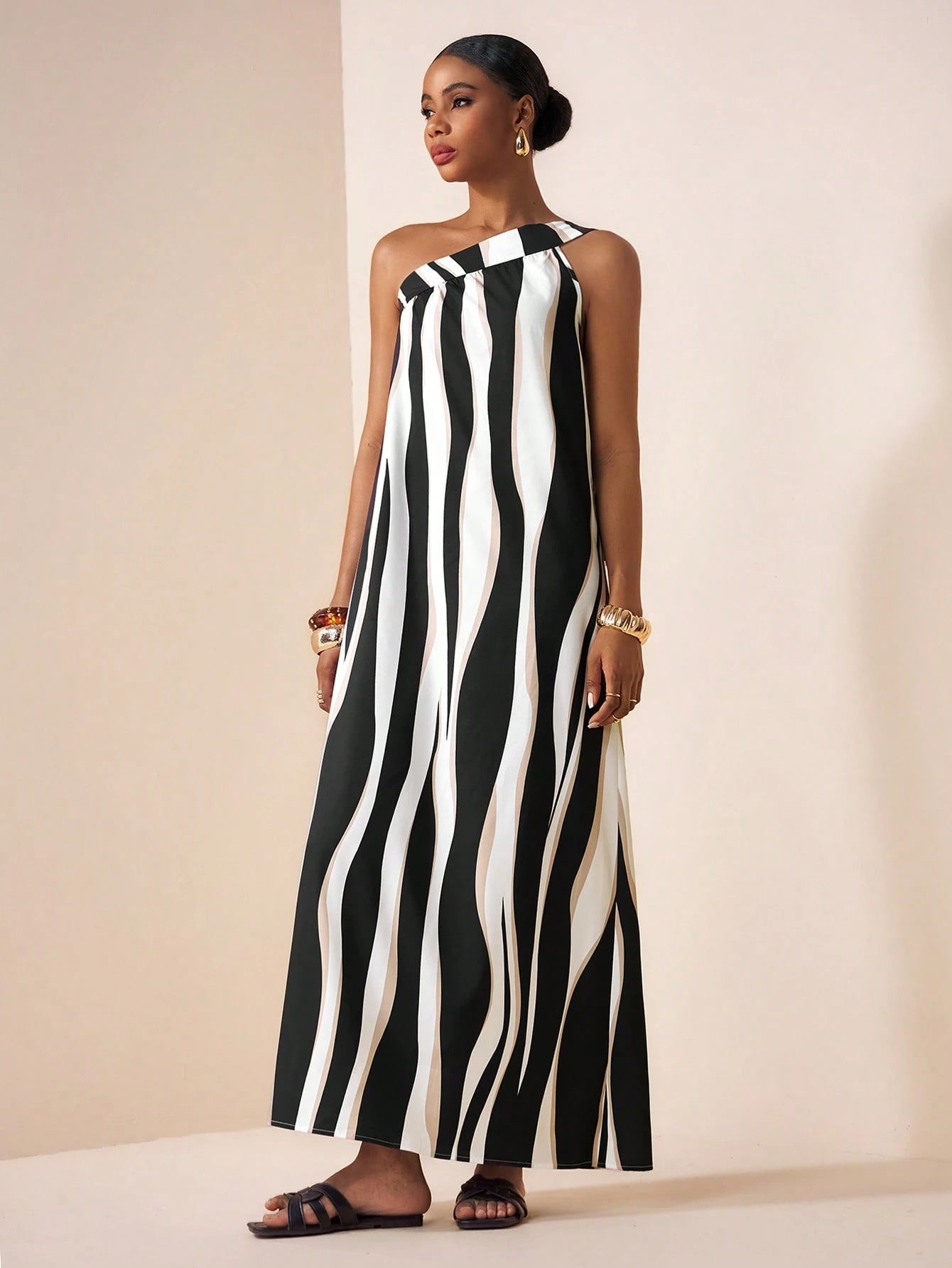Zivah Women's Black And White Striped One-Shoulder Tie Strap Asymmetric Sleeveless Wavy Stripe Print Loose A-Line Maxi Dress,Summer Casual Beach Vacation