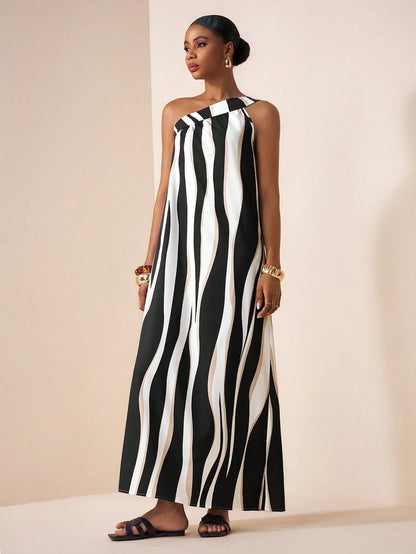 Zivah Women's Black And White Striped One-Shoulder Tie Strap Asymmetric Sleeveless Wavy Stripe Print Loose A-Line Maxi Dress,Summer Casual Beach Vacation