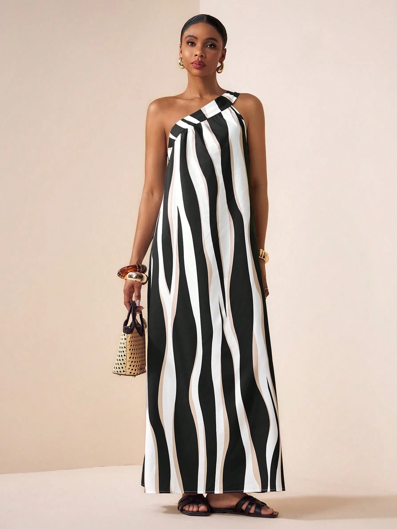 Zivah Women's Black And White Striped One-Shoulder Tie Strap Asymmetric Sleeveless Wavy Stripe Print Loose A-Line Maxi Dress,Summer Casual Beach Vacation