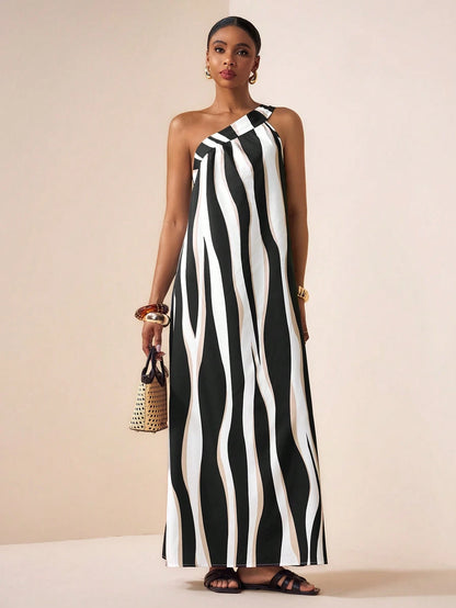 Zivah Women's Black And White Striped One-Shoulder Tie Strap Asymmetric Sleeveless Wavy Stripe Print Loose A-Line Maxi Dress,Summer Casual Beach Vacation