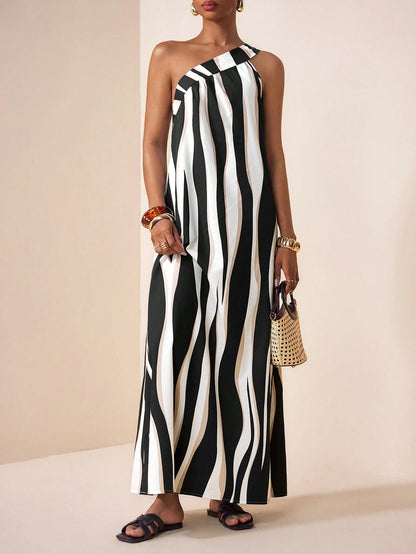 Zivah Women's Black And White Striped One-Shoulder Tie Strap Asymmetric Sleeveless Wavy Stripe Print Loose A-Line Maxi Dress,Summer Casual Beach Vacation